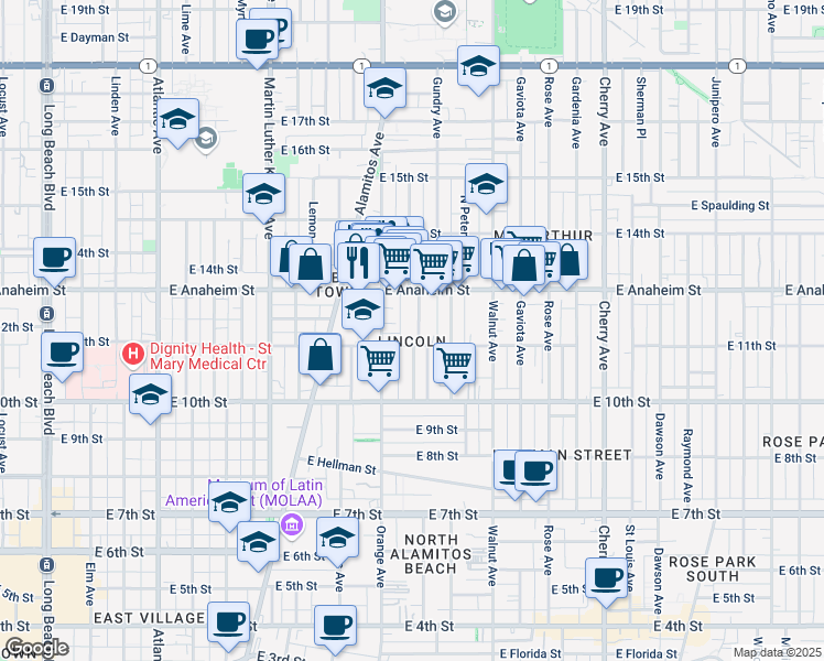 map of restaurants, bars, coffee shops, grocery stores, and more near 1108 Mahanna Avenue in Long Beach
