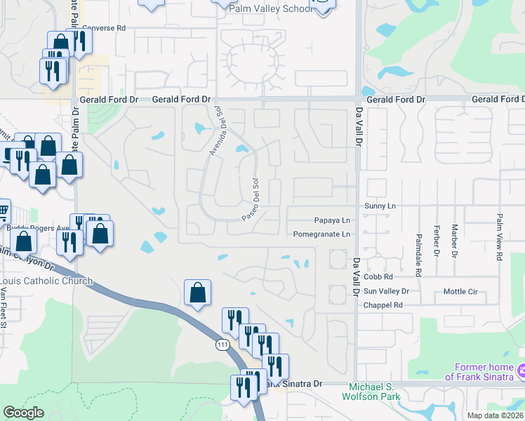 map of restaurants, bars, coffee shops, grocery stores, and more near 69631 Camino Mirasol in Cathedral City