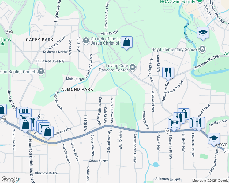 map of restaurants, bars, coffee shops, grocery stores, and more near 968 North Grand Avenue Northwest in Atlanta