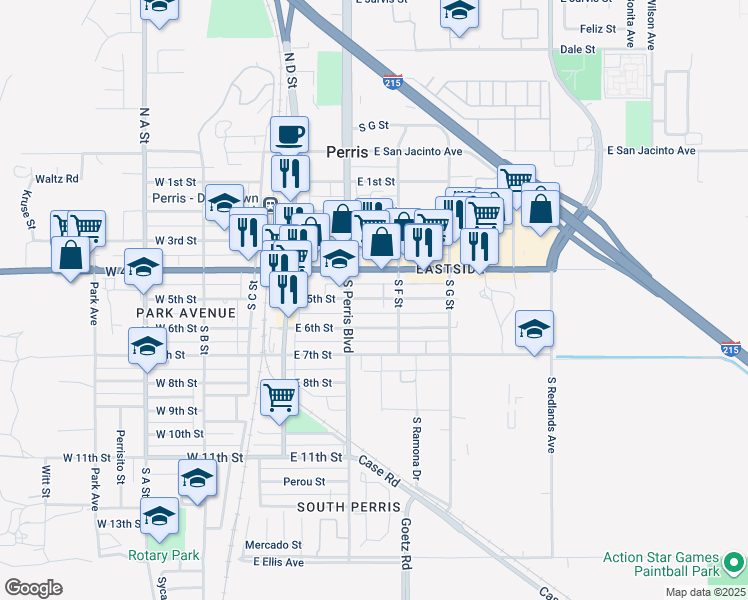map of restaurants, bars, coffee shops, grocery stores, and more near 236 East 5th Street in Perris