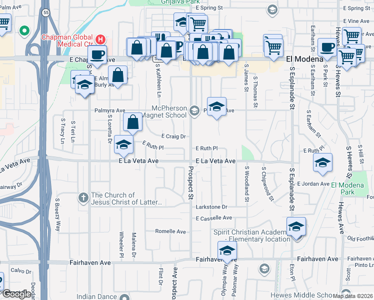 map of restaurants, bars, coffee shops, grocery stores, and more near 3215 East Ruth Place in Orange