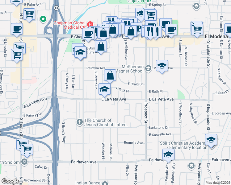 map of restaurants, bars, coffee shops, grocery stores, and more near 447 South Laurinda Lane in Orange