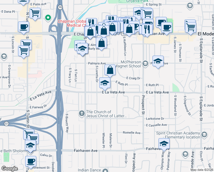 map of restaurants, bars, coffee shops, grocery stores, and more near 438 South Malena Drive in Orange