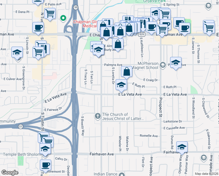 map of restaurants, bars, coffee shops, grocery stores, and more near 450 South Rosalind Drive in Orange