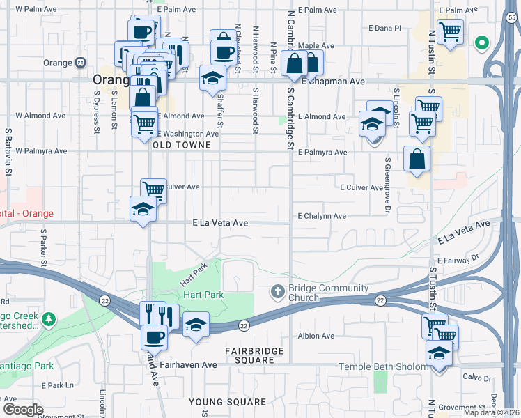 map of restaurants, bars, coffee shops, grocery stores, and more near 725 East Chalynn Circle in Orange
