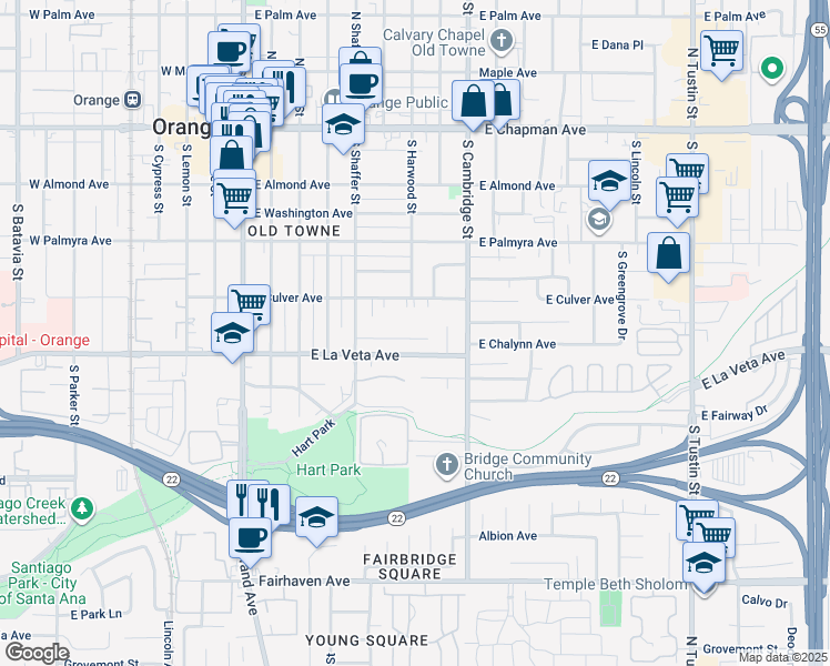 map of restaurants, bars, coffee shops, grocery stores, and more near 725 East Chalynn Circle in Orange