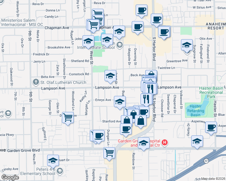 map of restaurants, bars, coffee shops, grocery stores, and more near 12502 Nadine Lane in Garden Grove