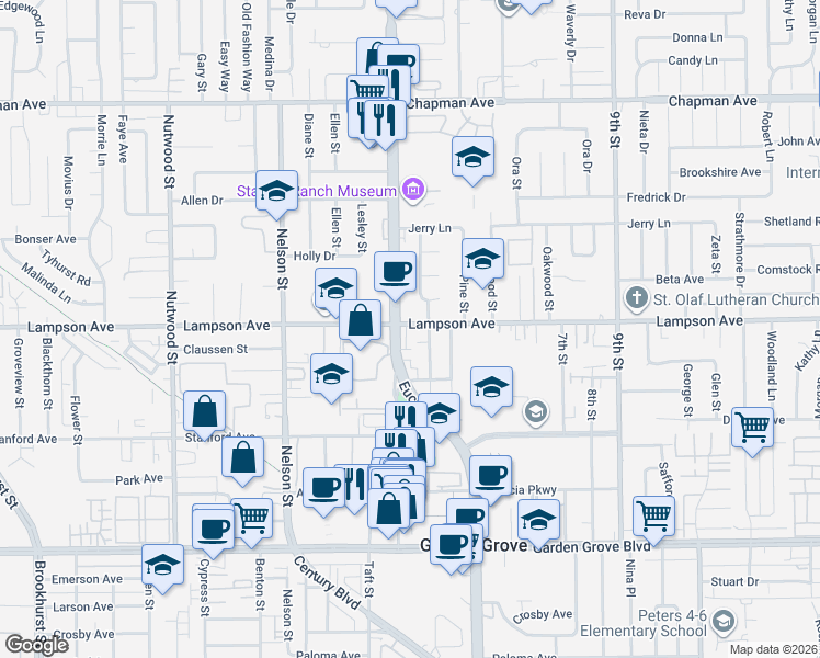map of restaurants, bars, coffee shops, grocery stores, and more near in Garden Grove