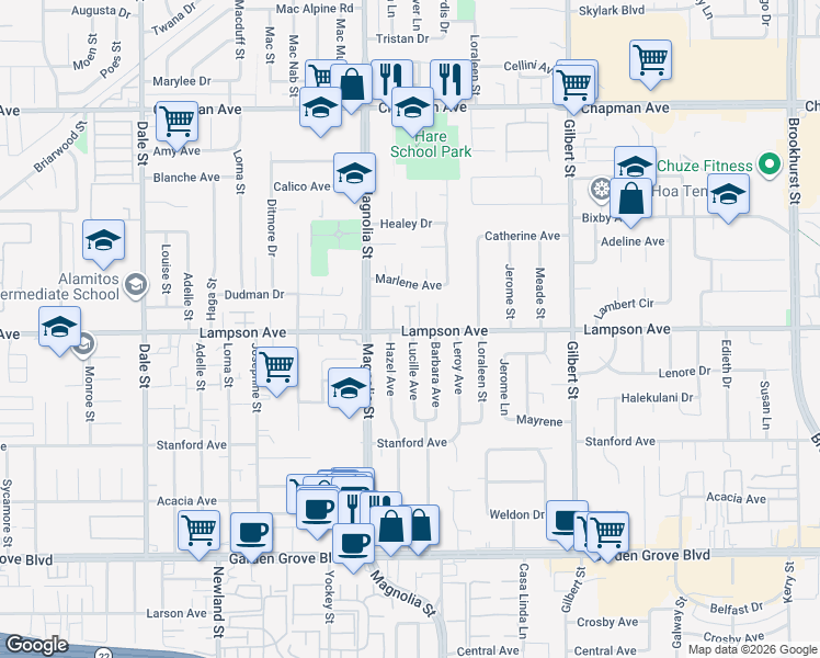 map of restaurants, bars, coffee shops, grocery stores, and more near 9081 Lampson Avenue in Garden Grove