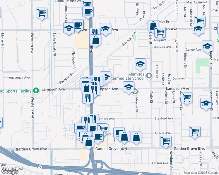 map of restaurants, bars, coffee shops, grocery stores, and more near 8150 Carmel Drive in Stanton