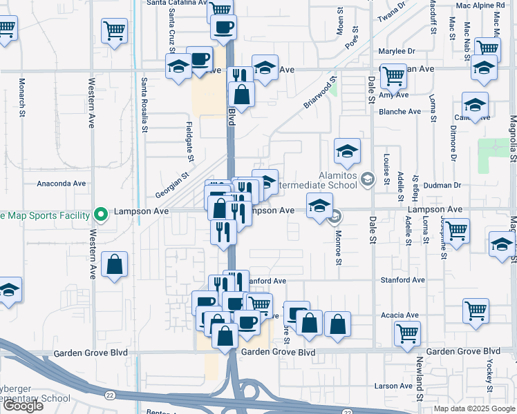map of restaurants, bars, coffee shops, grocery stores, and more near 8067 Lampson Avenue in Garden Grove