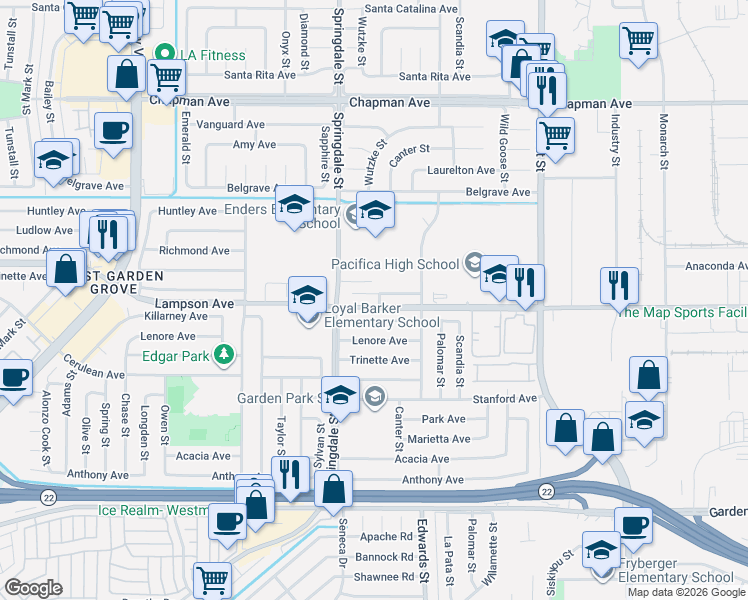 map of restaurants, bars, coffee shops, grocery stores, and more near 6562 Pickett Avenue in Garden Grove