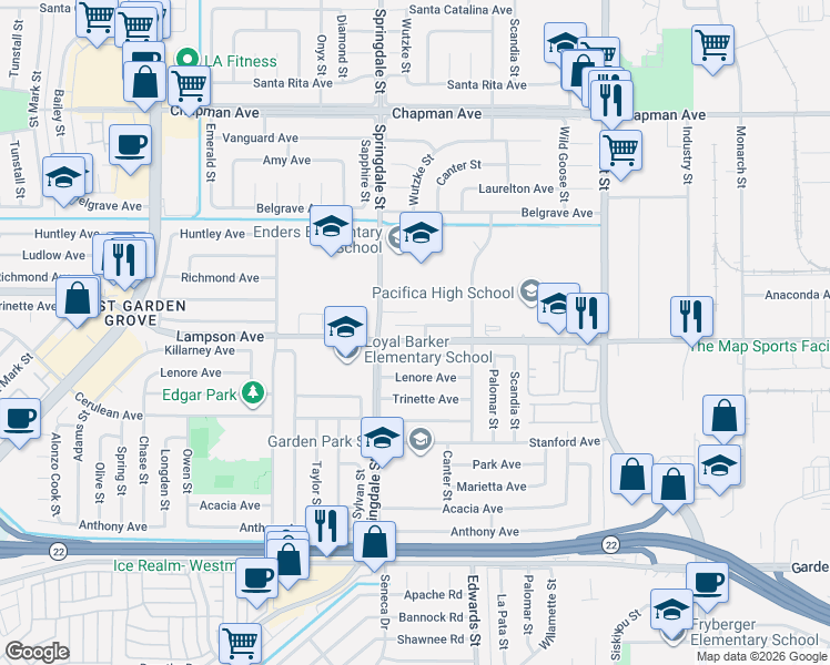 map of restaurants, bars, coffee shops, grocery stores, and more near 6562 Pickett Avenue in Garden Grove