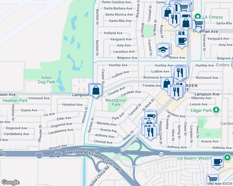 map of restaurants, bars, coffee shops, grocery stores, and more near 5422 Trinette Avenue in Garden Grove