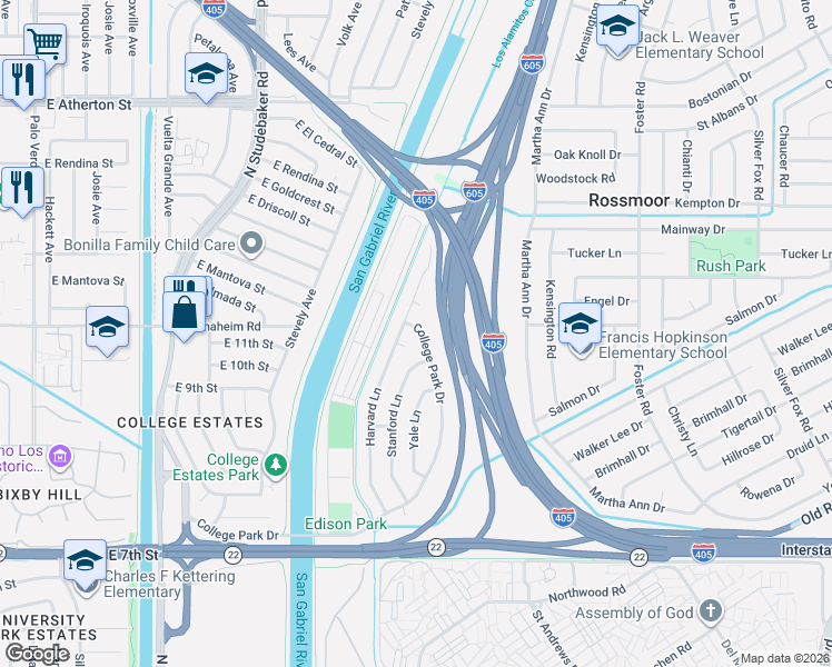 map of restaurants, bars, coffee shops, grocery stores, and more near 313 College Park Drive in Seal Beach