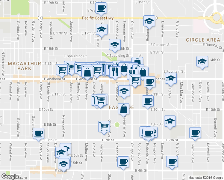 map of restaurants, bars, coffee shops, grocery stores, and more near 1137 Gladys Avenue in Long Beach