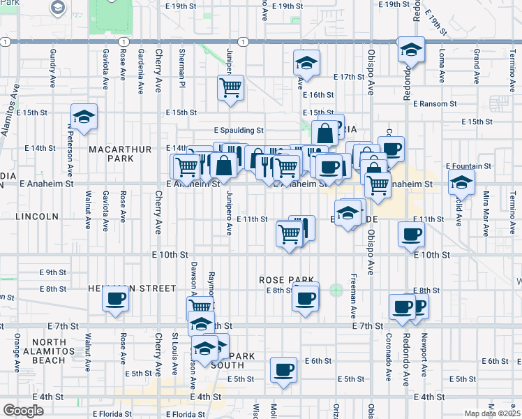 map of restaurants, bars, coffee shops, grocery stores, and more near 1138 Molino Avenue in Long Beach