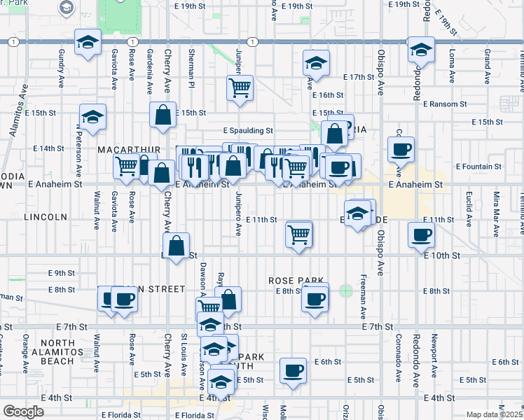map of restaurants, bars, coffee shops, grocery stores, and more near 1129 Stanley Avenue in Long Beach
