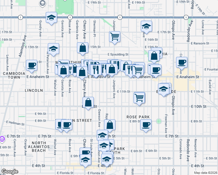 map of restaurants, bars, coffee shops, grocery stores, and more near 1130 Raymond Avenue in Long Beach