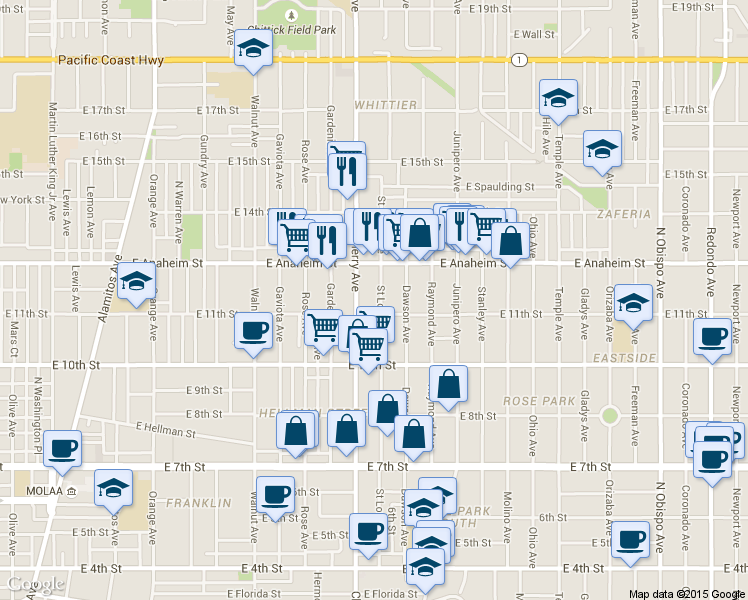 map of restaurants, bars, coffee shops, grocery stores, and more near 1131 Saint Louis Avenue in Long Beach