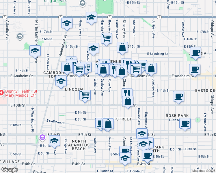 map of restaurants, bars, coffee shops, grocery stores, and more near 1141 Rose Avenue in Long Beach