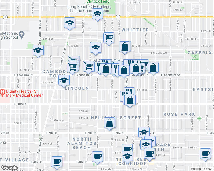 map of restaurants, bars, coffee shops, grocery stores, and more near 1141 Rose Avenue in Long Beach