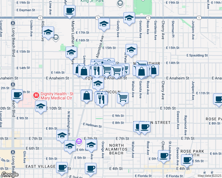 map of restaurants, bars, coffee shops, grocery stores, and more near in Long Beach