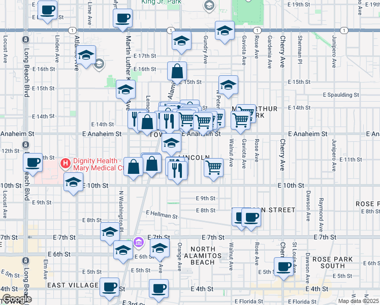 map of restaurants, bars, coffee shops, grocery stores, and more near 1148 Orange Avenue in Long Beach