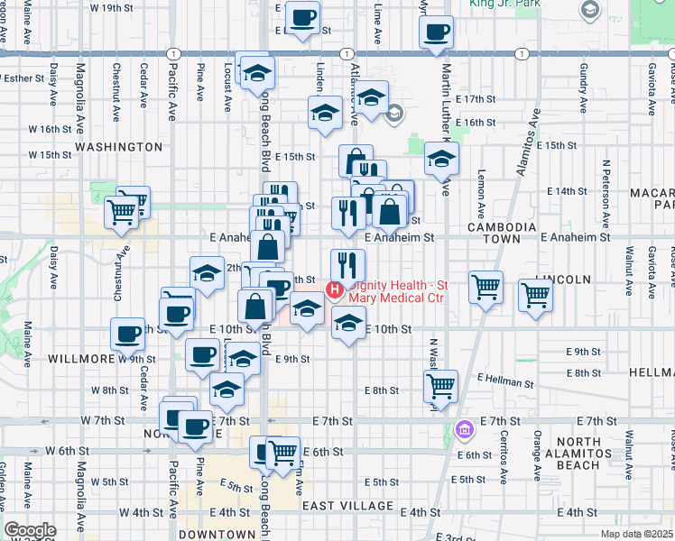 map of restaurants, bars, coffee shops, grocery stores, and more near 1124 Linden Avenue in Long Beach