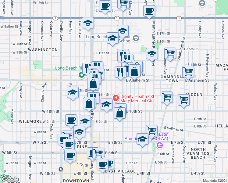 map of restaurants, bars, coffee shops, grocery stores, and more near 1124 Linden Avenue in Long Beach