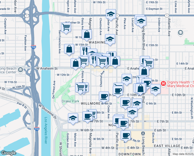 map of restaurants, bars, coffee shops, grocery stores, and more near 1248 North Loma Vista Drive in Long Beach