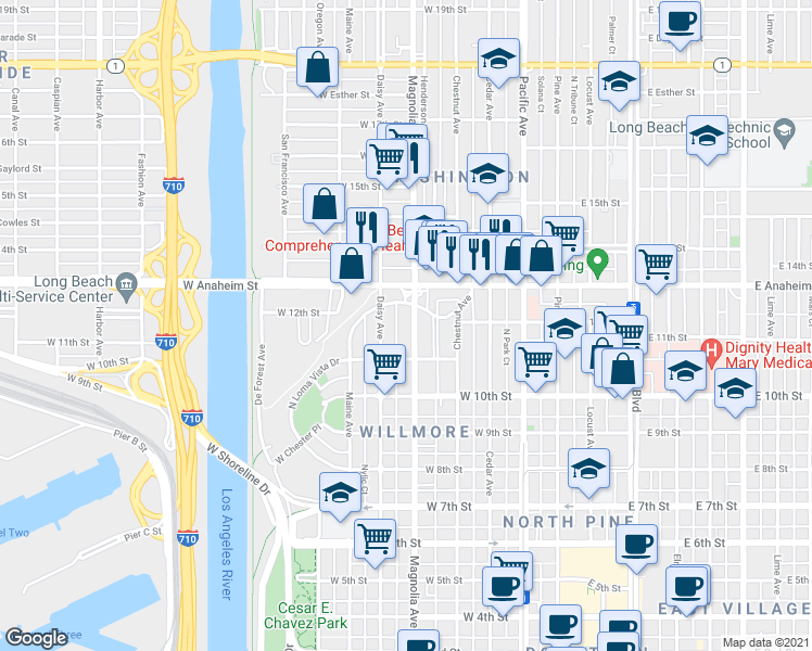 map of restaurants, bars, coffee shops, grocery stores, and more near 1163 Magnolia Avenue in Long Beach