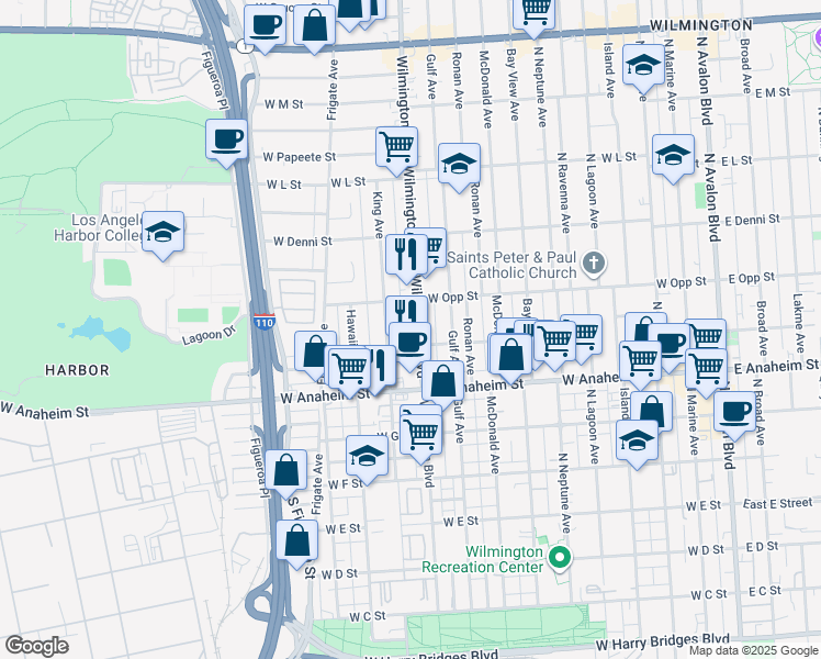 map of restaurants, bars, coffee shops, grocery stores, and more near 915 Wilmington Boulevard in Los Angeles