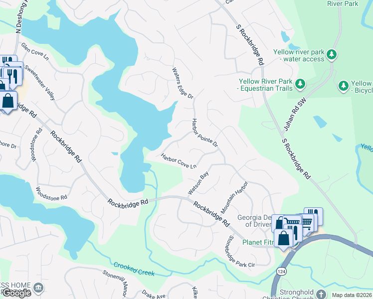 map of restaurants, bars, coffee shops, grocery stores, and more near 7402 Harbor Cove Court in Stone Mountain