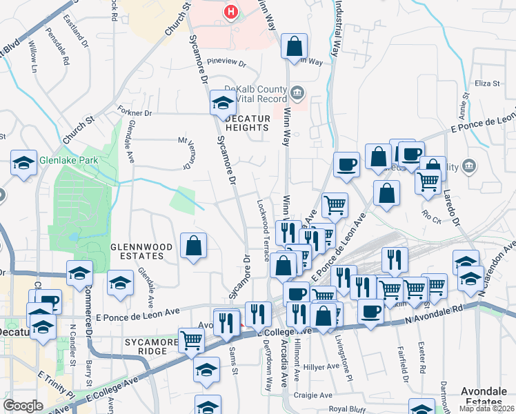 map of restaurants, bars, coffee shops, grocery stores, and more near 304 Sycamore Ridge Drive in Decatur