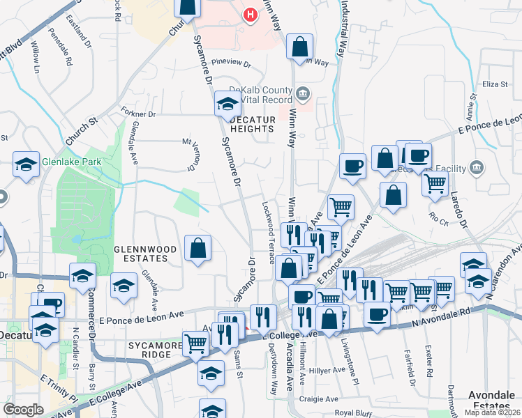 map of restaurants, bars, coffee shops, grocery stores, and more near 639 Sycamore Drive in Decatur