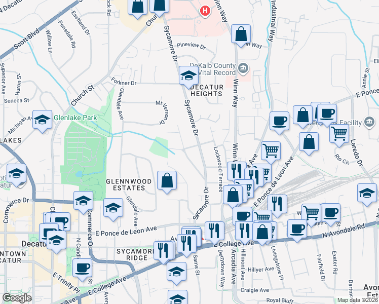 map of restaurants, bars, coffee shops, grocery stores, and more near 181 Ridgeland Avenue in Decatur