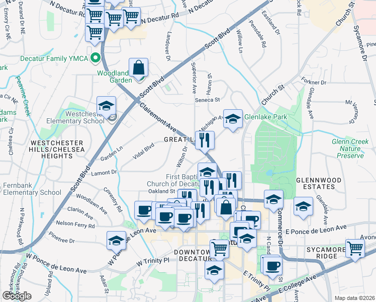 map of restaurants, bars, coffee shops, grocery stores, and more near 122 Wilton Drive in Decatur