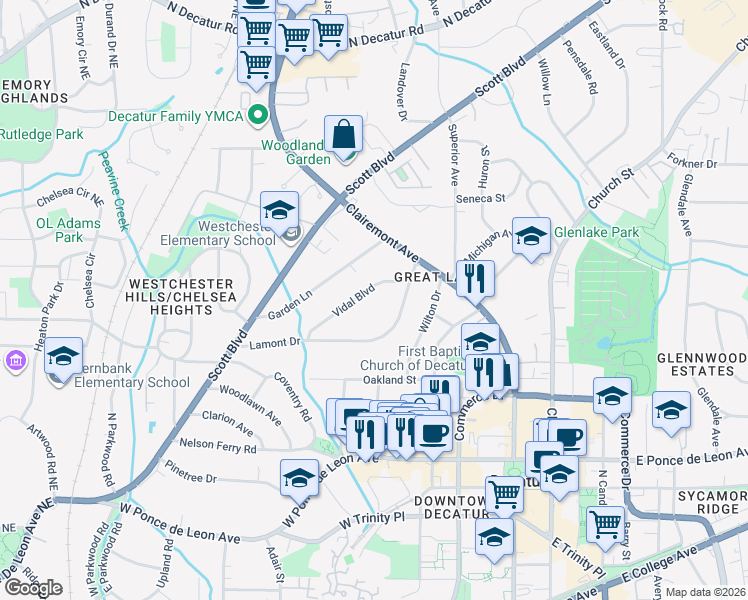 map of restaurants, bars, coffee shops, grocery stores, and more near 148 Vidal Boulevard in Decatur