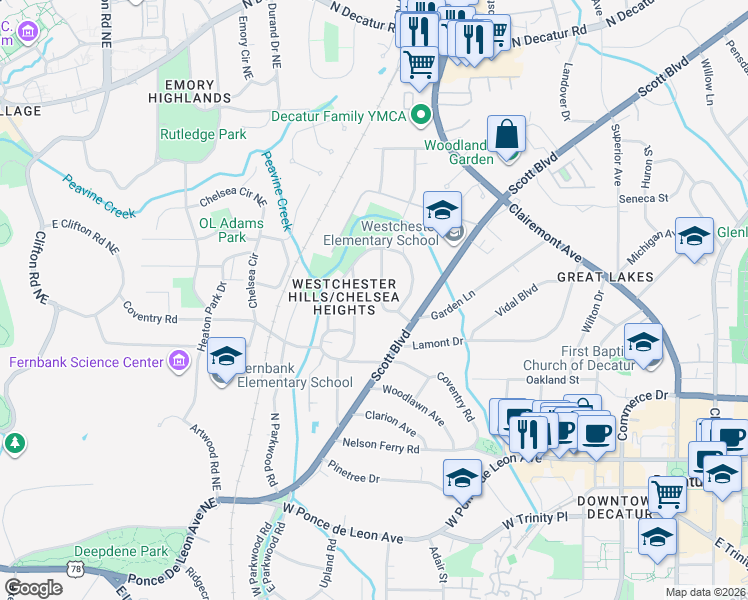 map of restaurants, bars, coffee shops, grocery stores, and more near 135 Ridley Circle in Decatur
