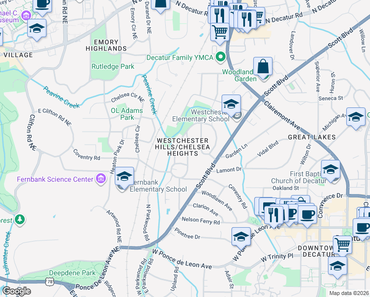 map of restaurants, bars, coffee shops, grocery stores, and more near 236 Chelsea Drive in Decatur