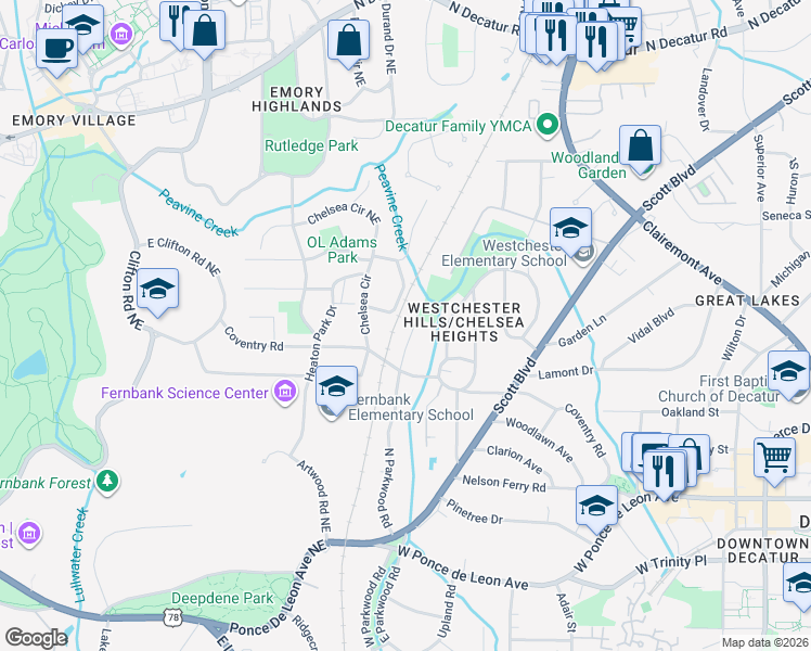 map of restaurants, bars, coffee shops, grocery stores, and more near 243 Woodview Drive in Decatur