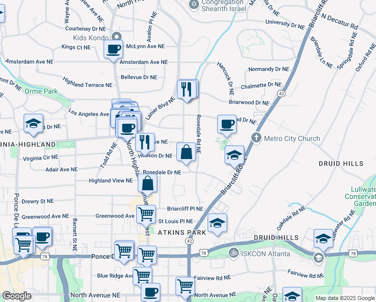 map of restaurants, bars, coffee shops, grocery stores, and more near 1153 North Virginia Avenue Northeast in Atlanta