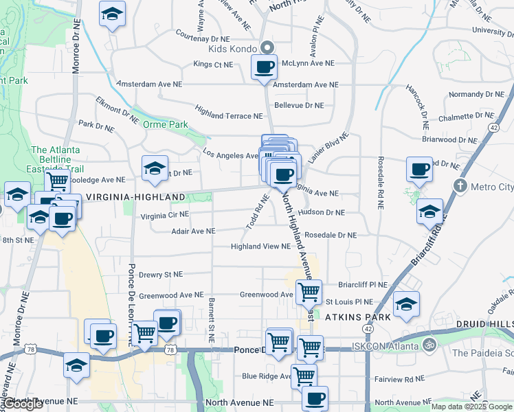 map of restaurants, bars, coffee shops, grocery stores, and more near 988 Rupley Drive Northeast in Atlanta