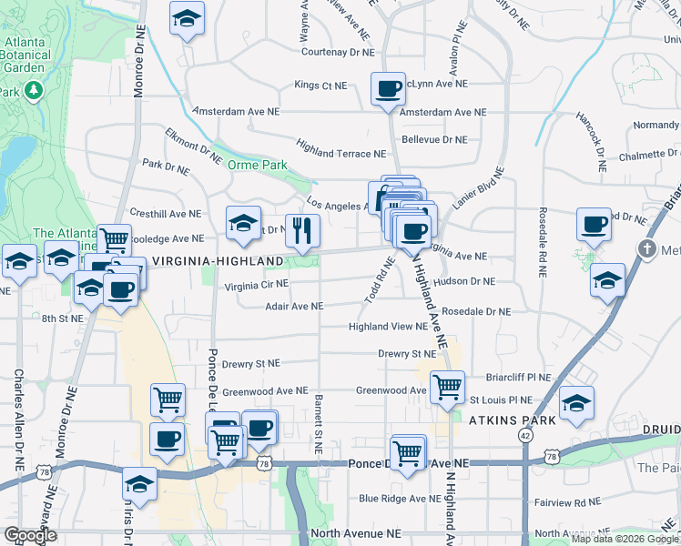 map of restaurants, bars, coffee shops, grocery stores, and more near 926 Virginia Circle Northeast in Atlanta