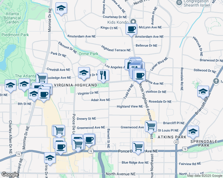 map of restaurants, bars, coffee shops, grocery stores, and more near 985 Barnett Street Northeast in Atlanta