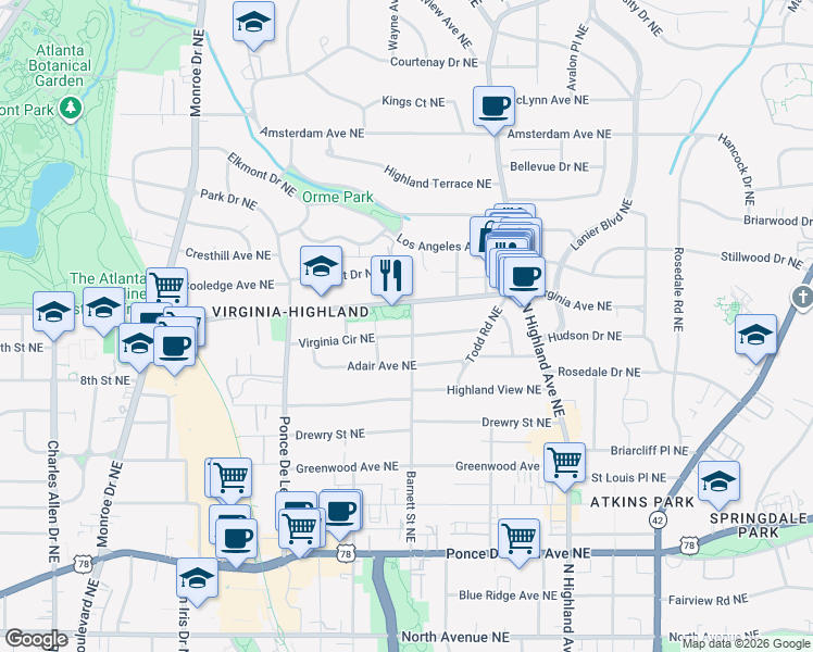 map of restaurants, bars, coffee shops, grocery stores, and more near 985 Barnett Street Northeast in Atlanta