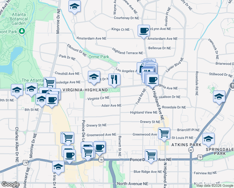 map of restaurants, bars, coffee shops, grocery stores, and more near 985 Barnett Street Northeast in Atlanta