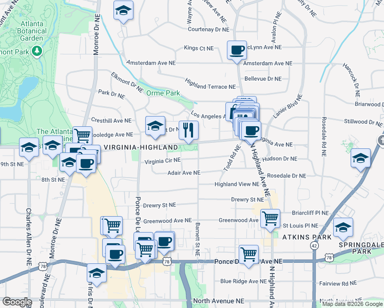 map of restaurants, bars, coffee shops, grocery stores, and more near 985 Barnett Street Northeast in Atlanta
