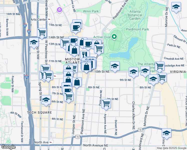 map of restaurants, bars, coffee shops, grocery stores, and more near 986 Myrtle Street Northeast in Atlanta